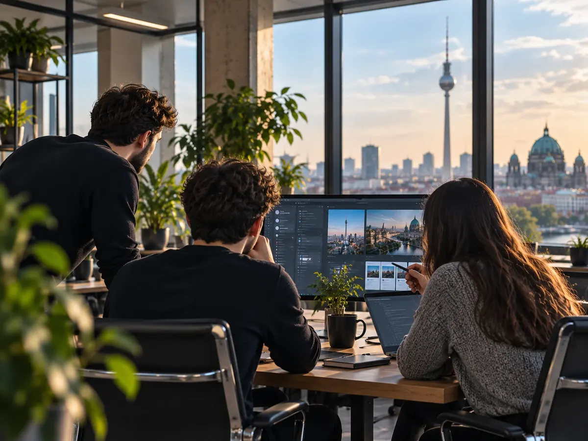 A team of colleagues working together at a shared desk with a view of the Berlin skyline