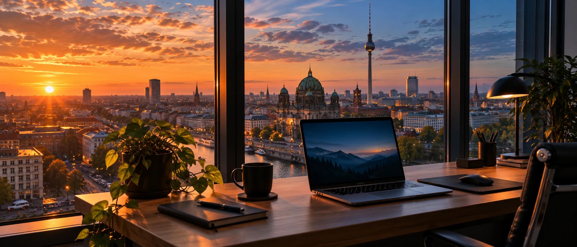 A laptop on a desk by a window, with the Berlin skyline and TV tower at sunset