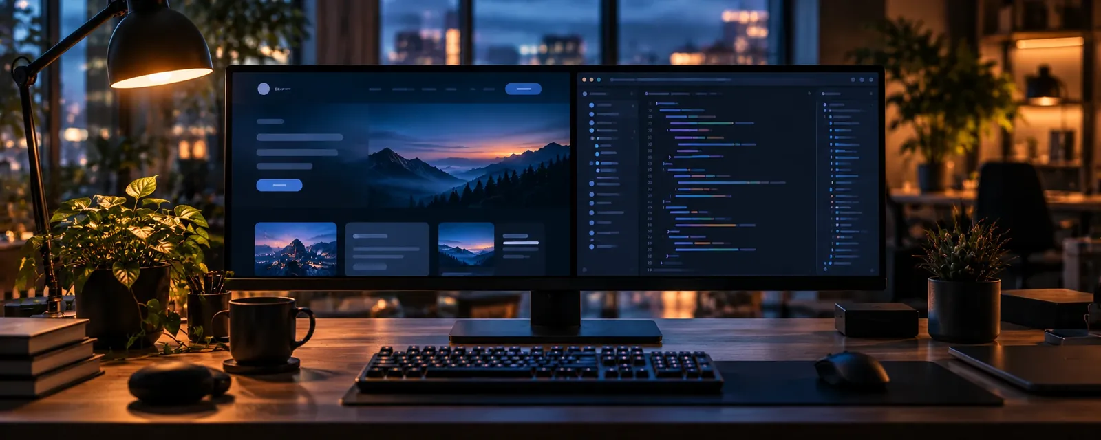 A monitor showing code next to a finished website